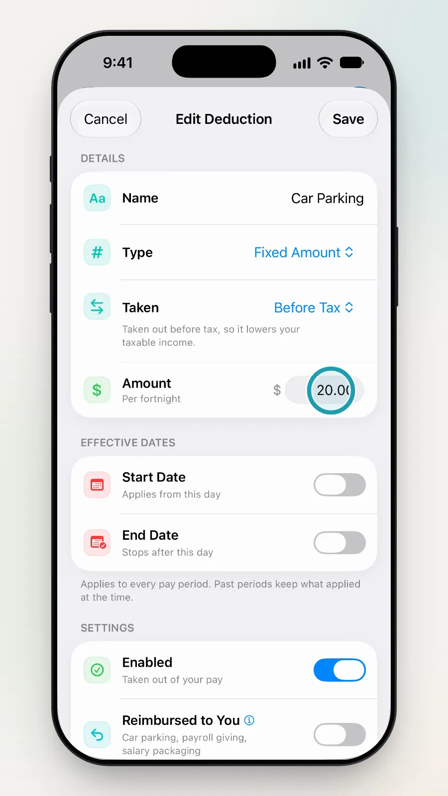 The Edit Deduction screen with the amount, 20.00, being tapped.