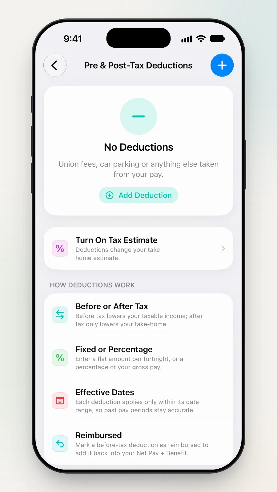 The Pre & Post-Tax Deductions screen showing No Deductions.