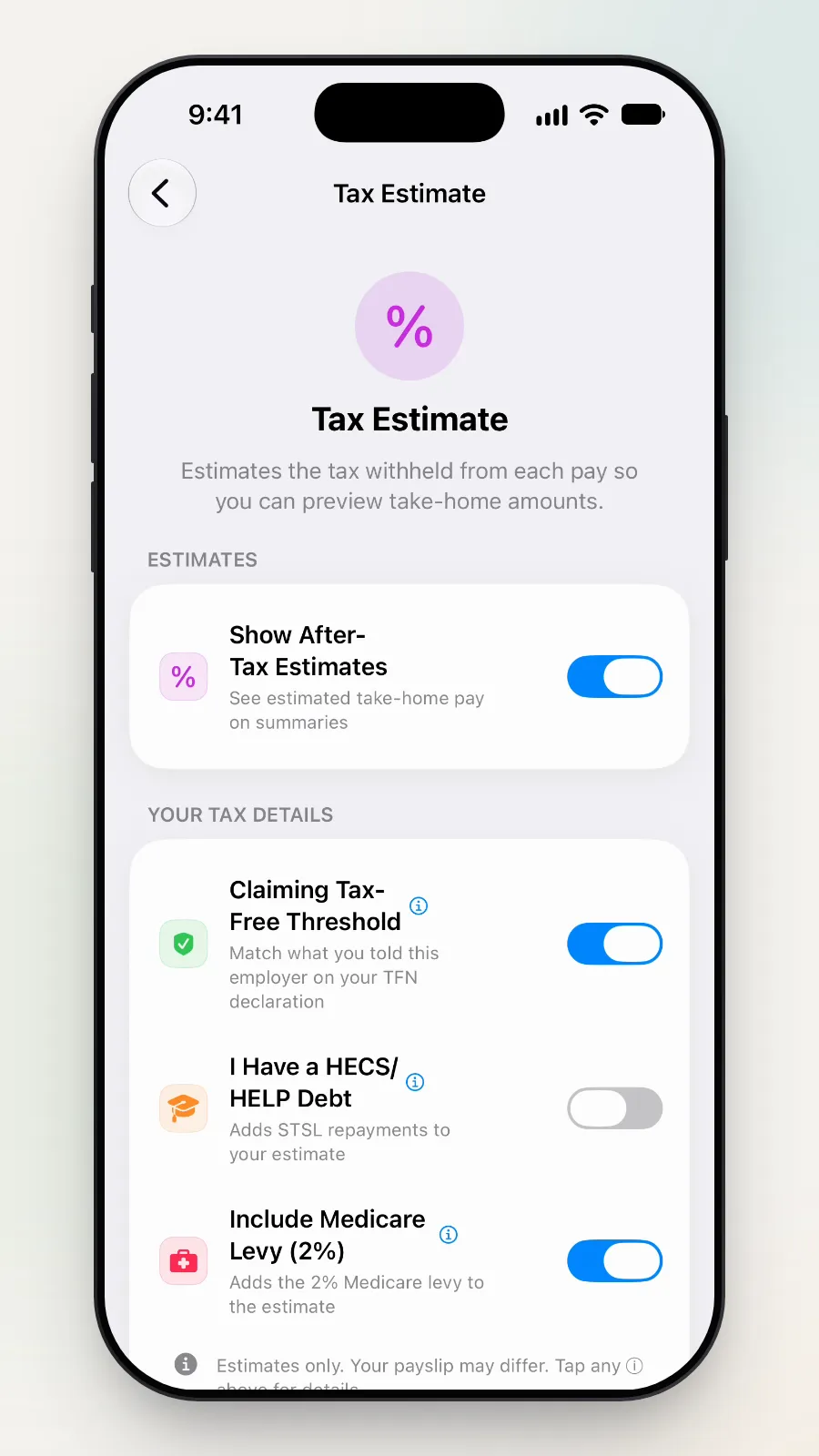 Show After-Tax Estimates on, with Your Tax Details below: tax-free threshold on, HECS/HELP off, Medicare levy on.