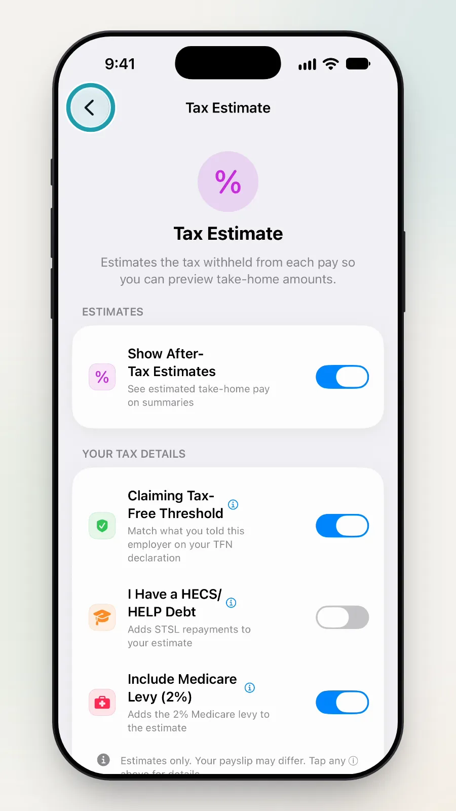 The back button at the top left of the Tax Estimate screen being tapped.