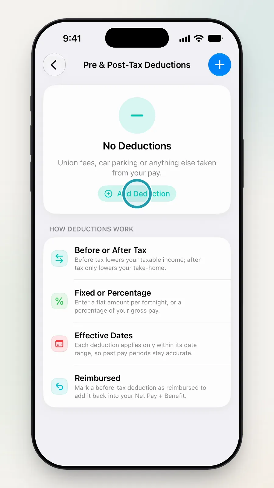 The Pre & Post-Tax Deductions screen with the Add Deduction button being tapped.