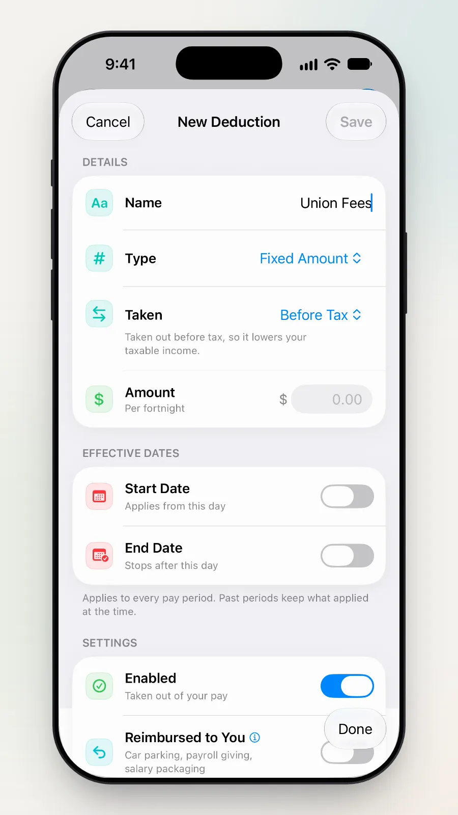 Name Union Fees, and Type showing Fixed Amount.
