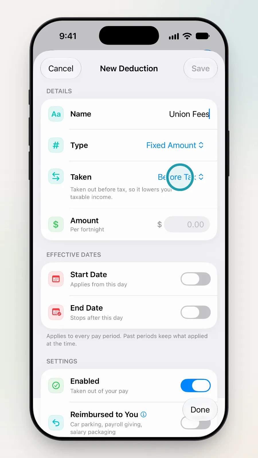 The Taken menu open, with After Tax being tapped.