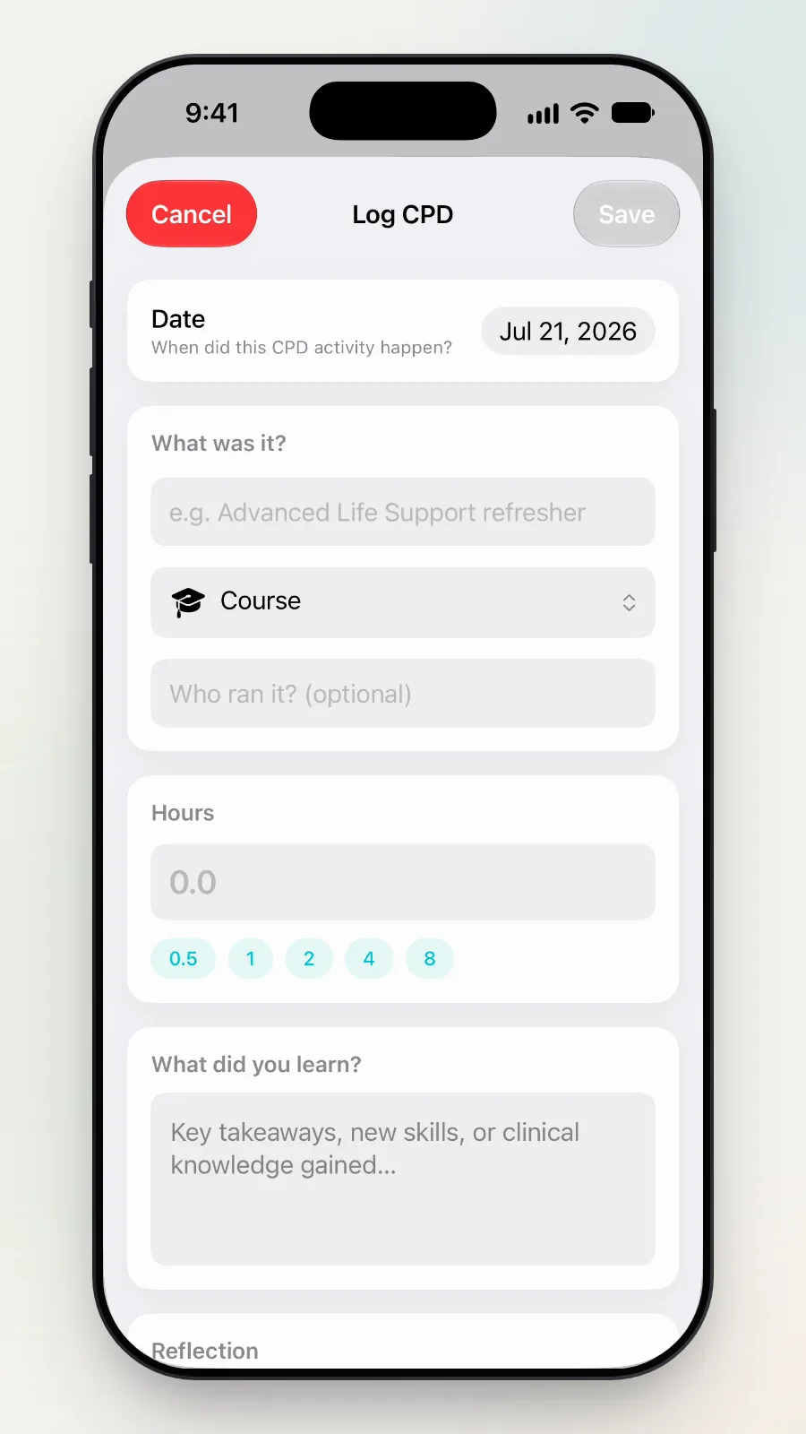 The Log CPD screen with the date already set to Jul 21, 2026.