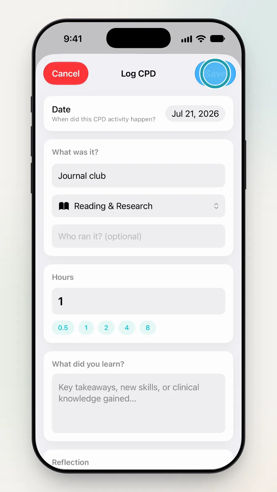 The Save button at the top right being tapped.