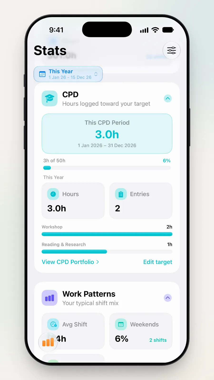 This CPD Period: 3 hours, 1 Jan 2026 to 31 Dec 2026, 3h of 50h, 6%.