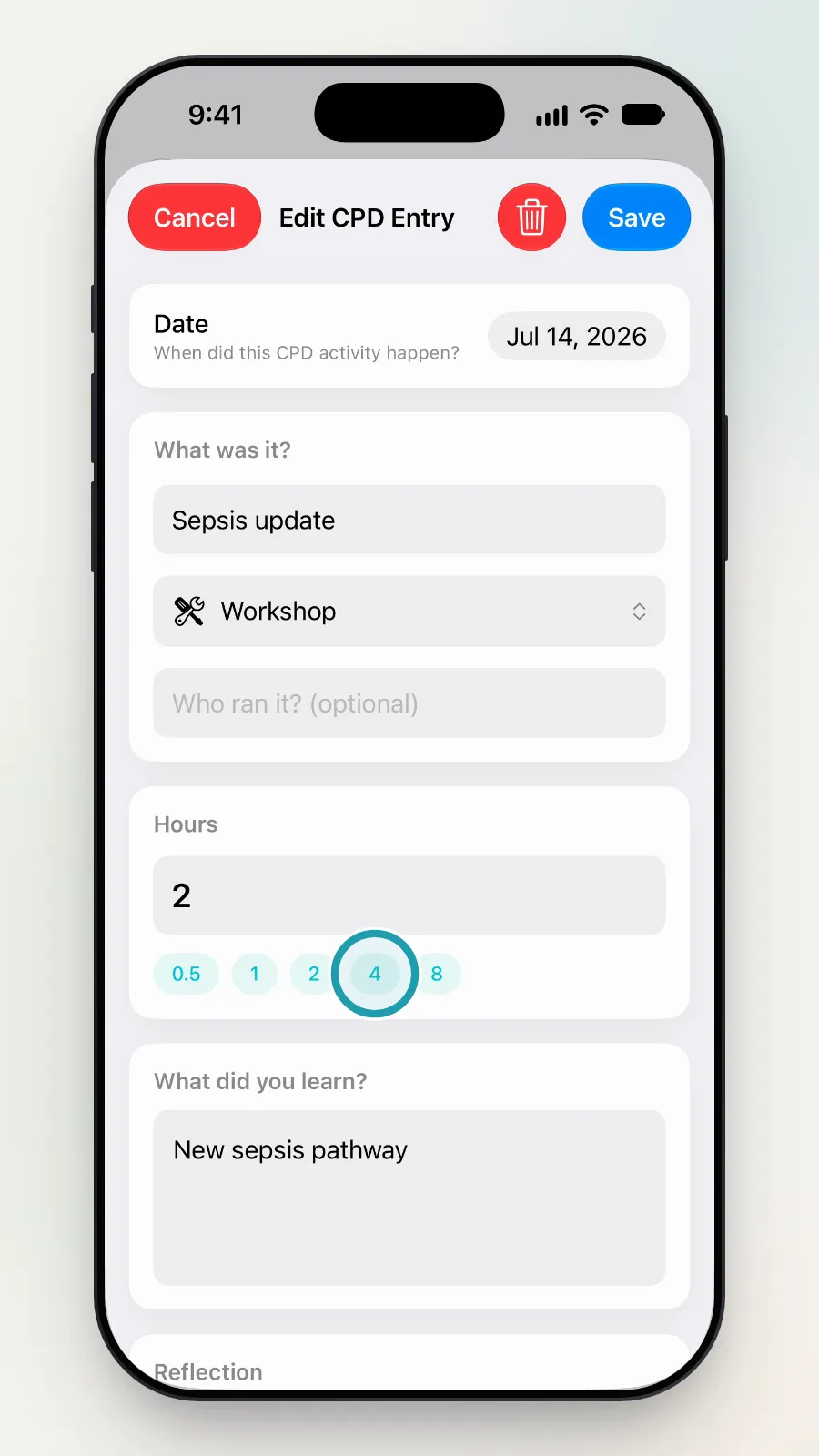 The 4 button under Hours being tapped.