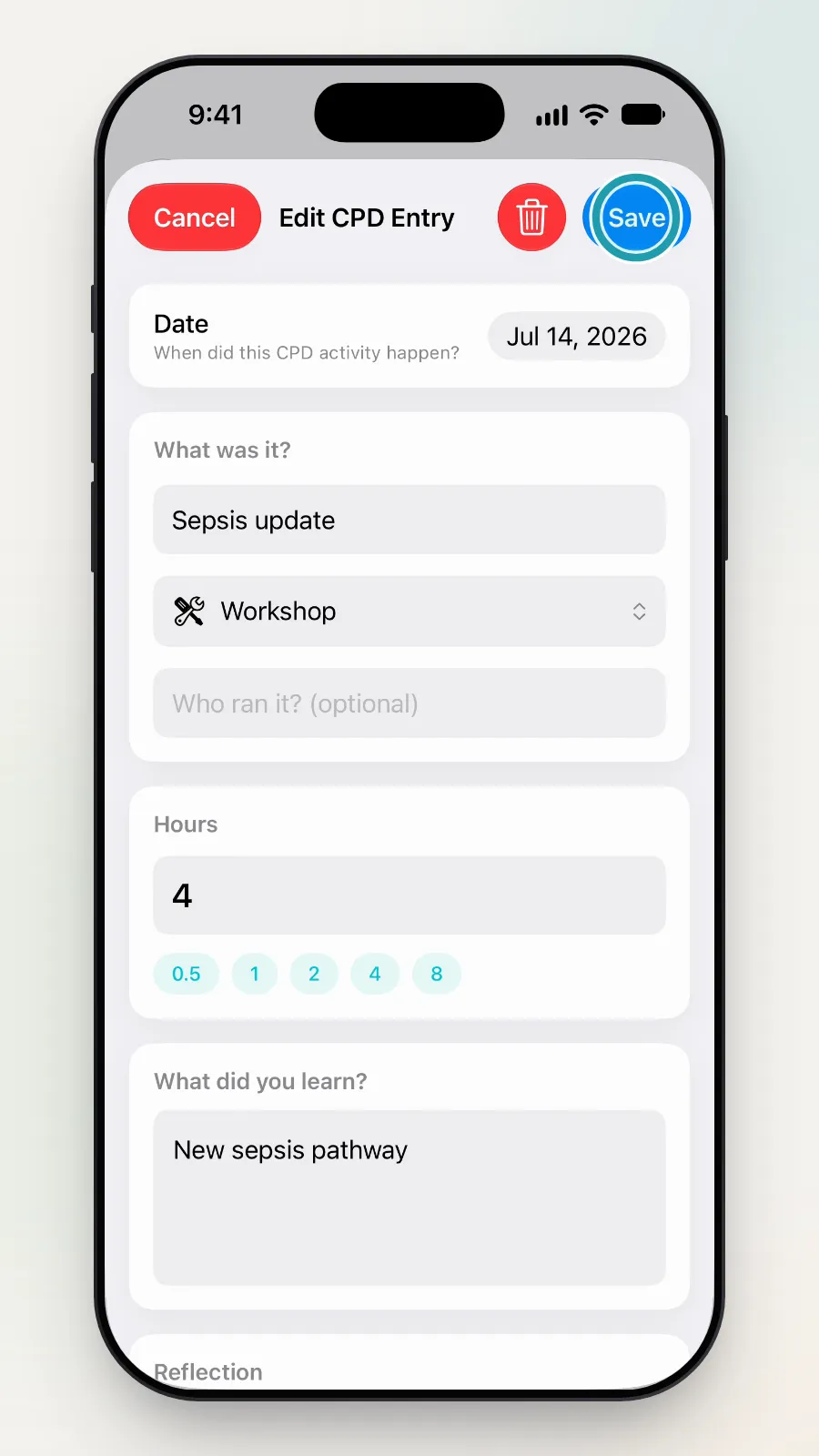 The Save button at the top right being tapped.