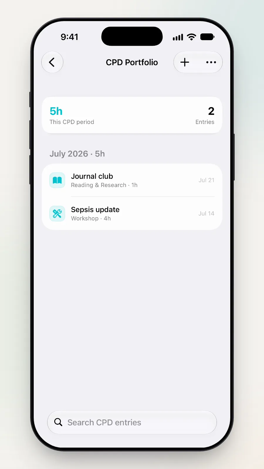 The portfolio: Sepsis update now shows Workshop, 4 hours.