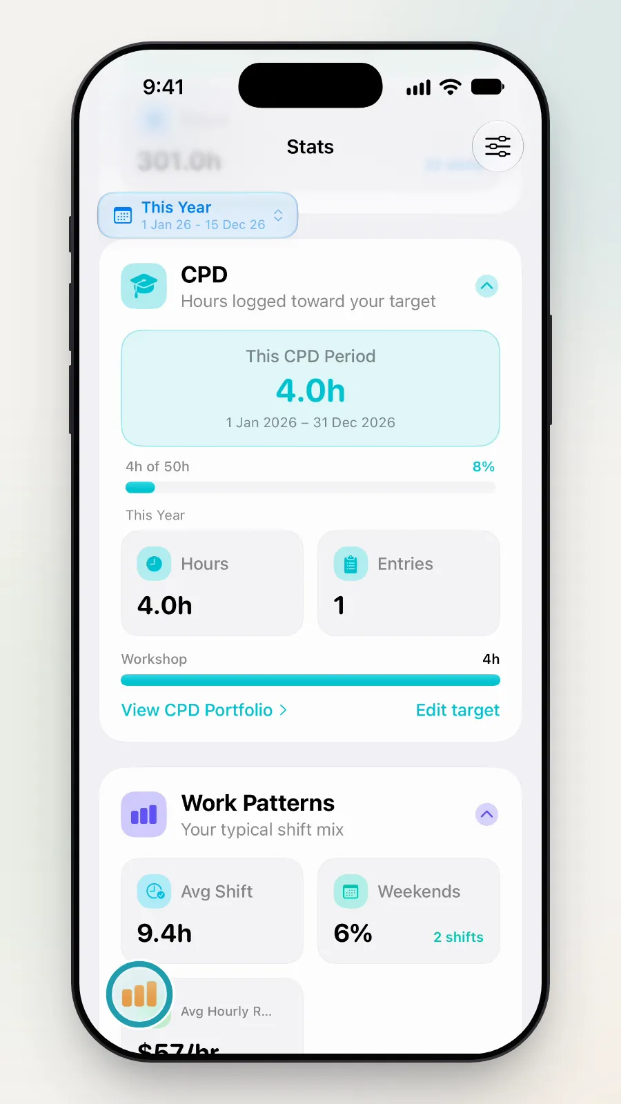 The round button at the bottom left of Stats being tapped.