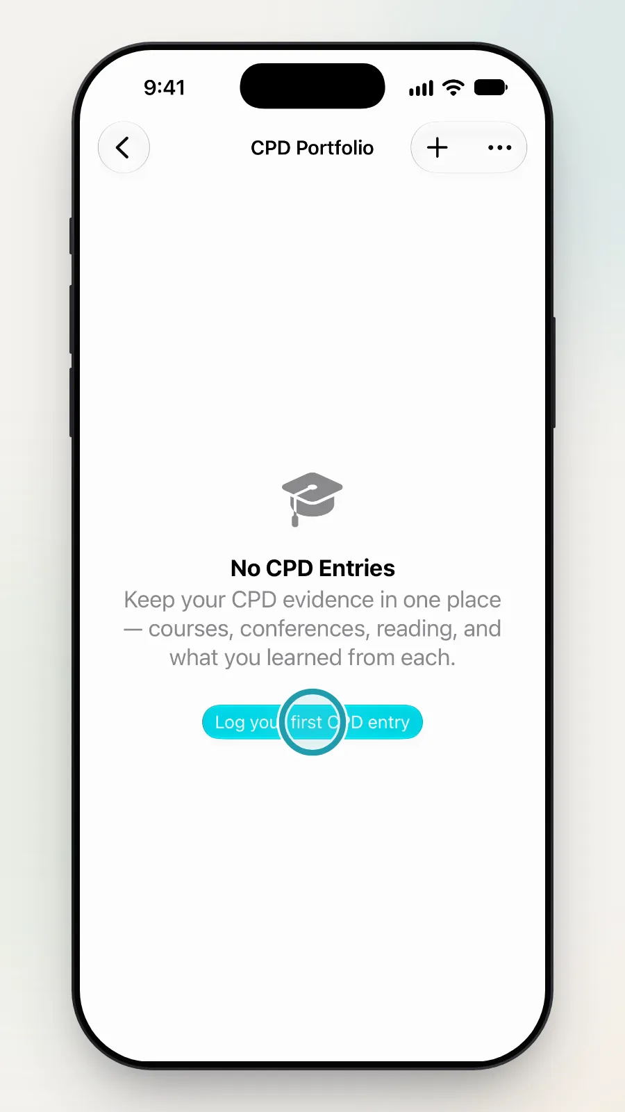 The Log your first CPD entry button being tapped.