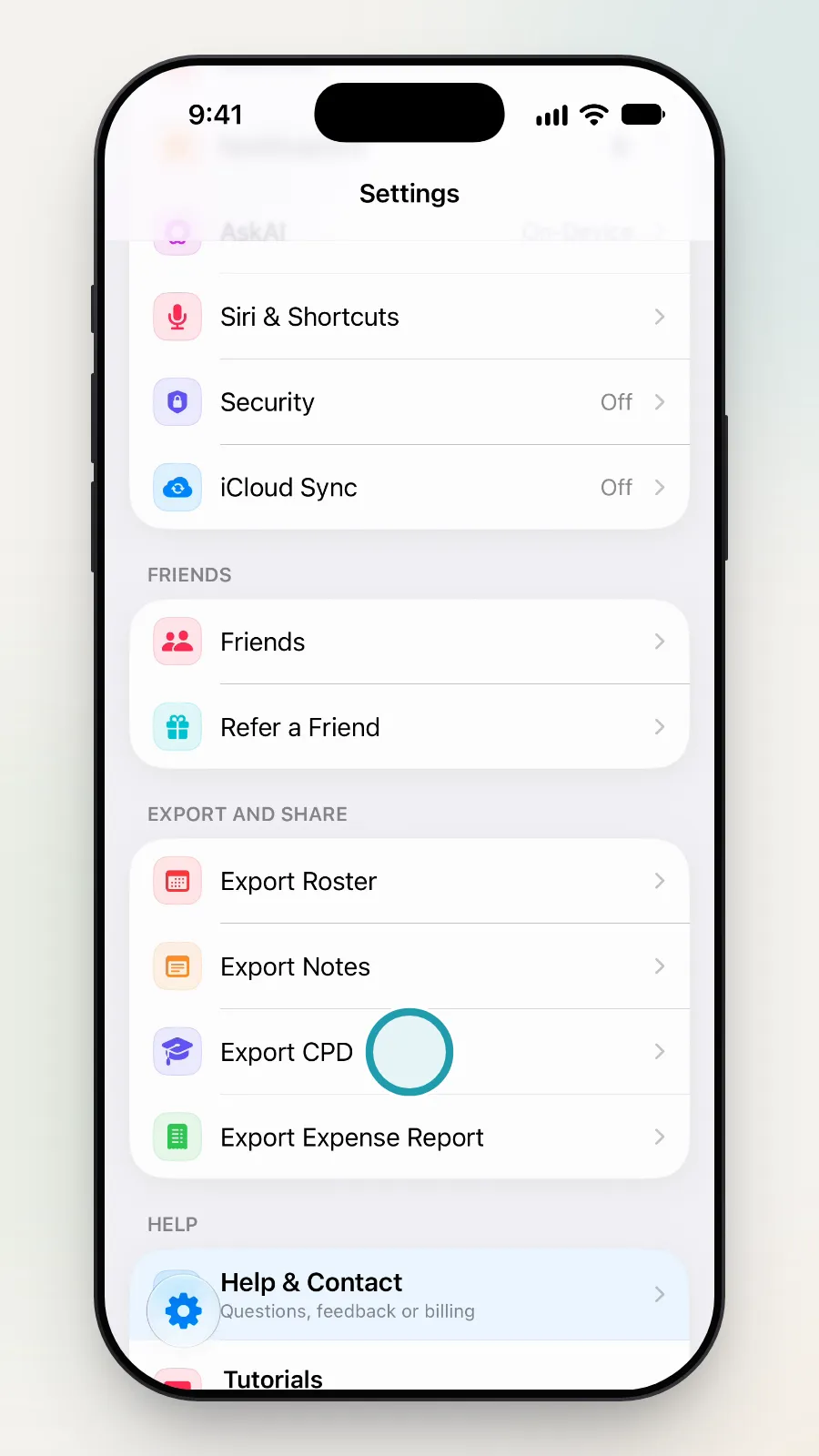 The Export and Share section of Settings with Export CPD being tapped.