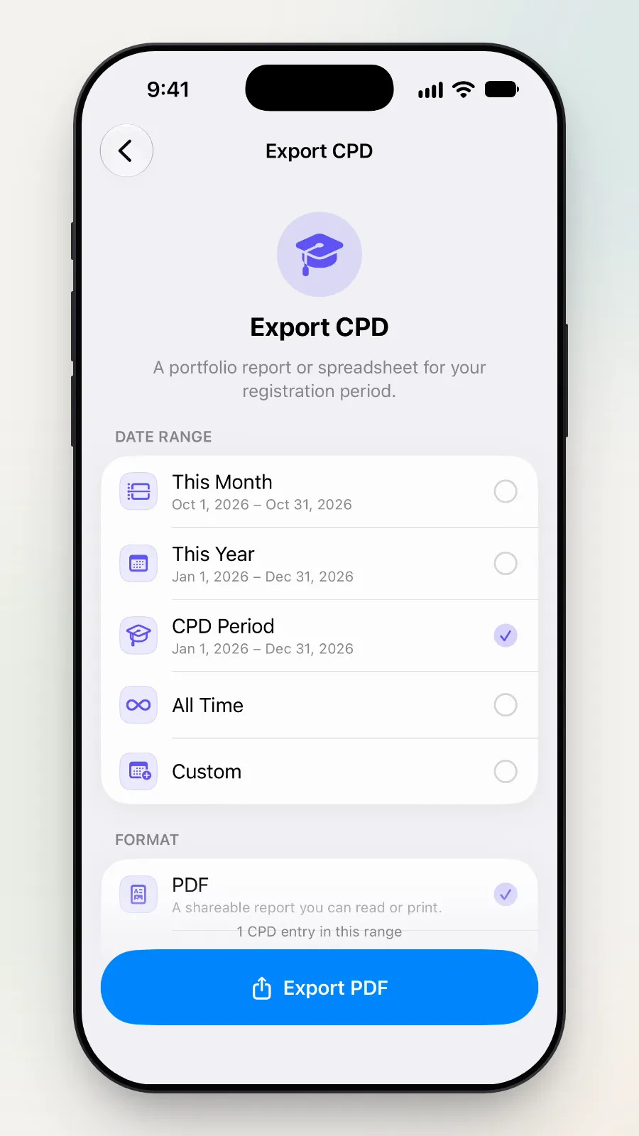 The Export CPD screen with CPD Period chosen.