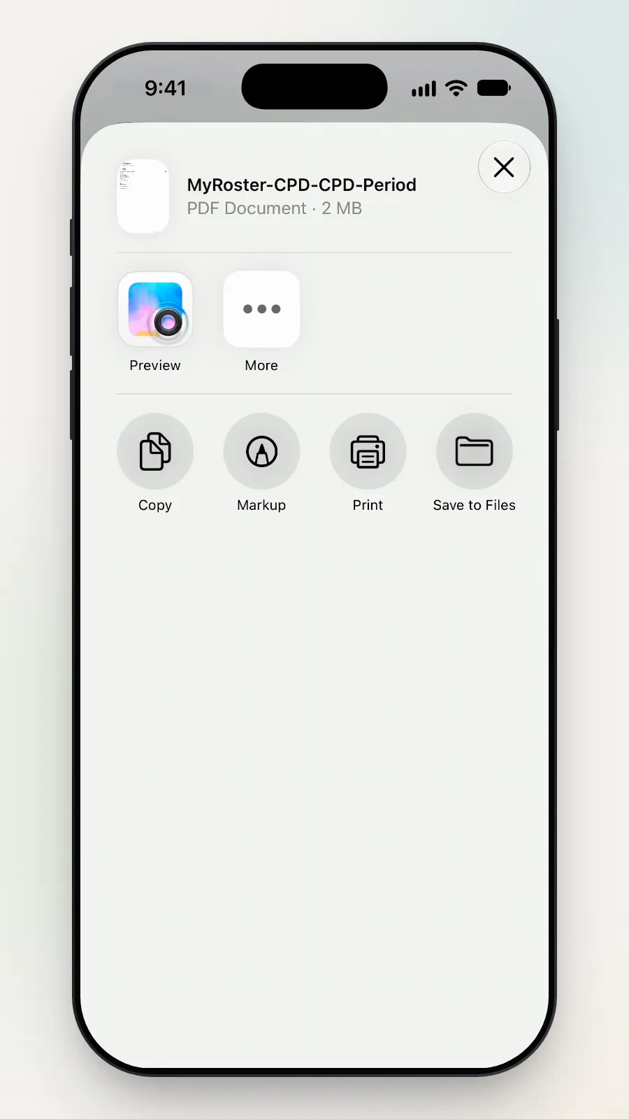 The share box with the PDF and places to send it, like Save to Files.