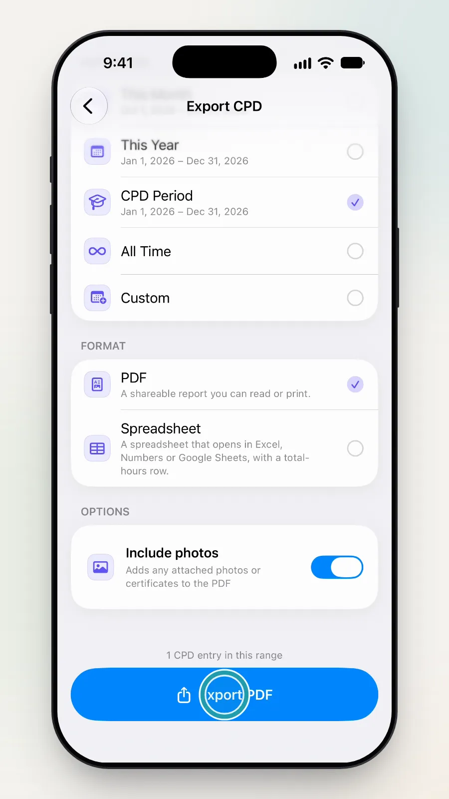 The Export PDF button being tapped.