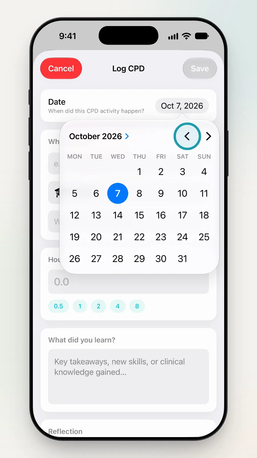 The calendar with the arrow to go back a month being tapped.