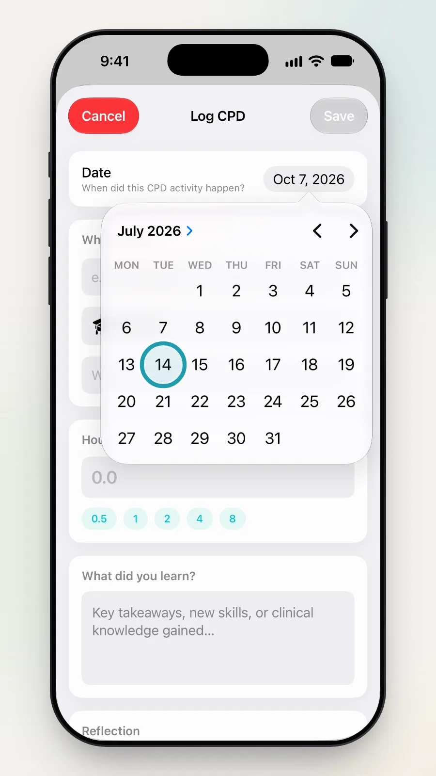 The July 2026 calendar with 14 July being tapped.