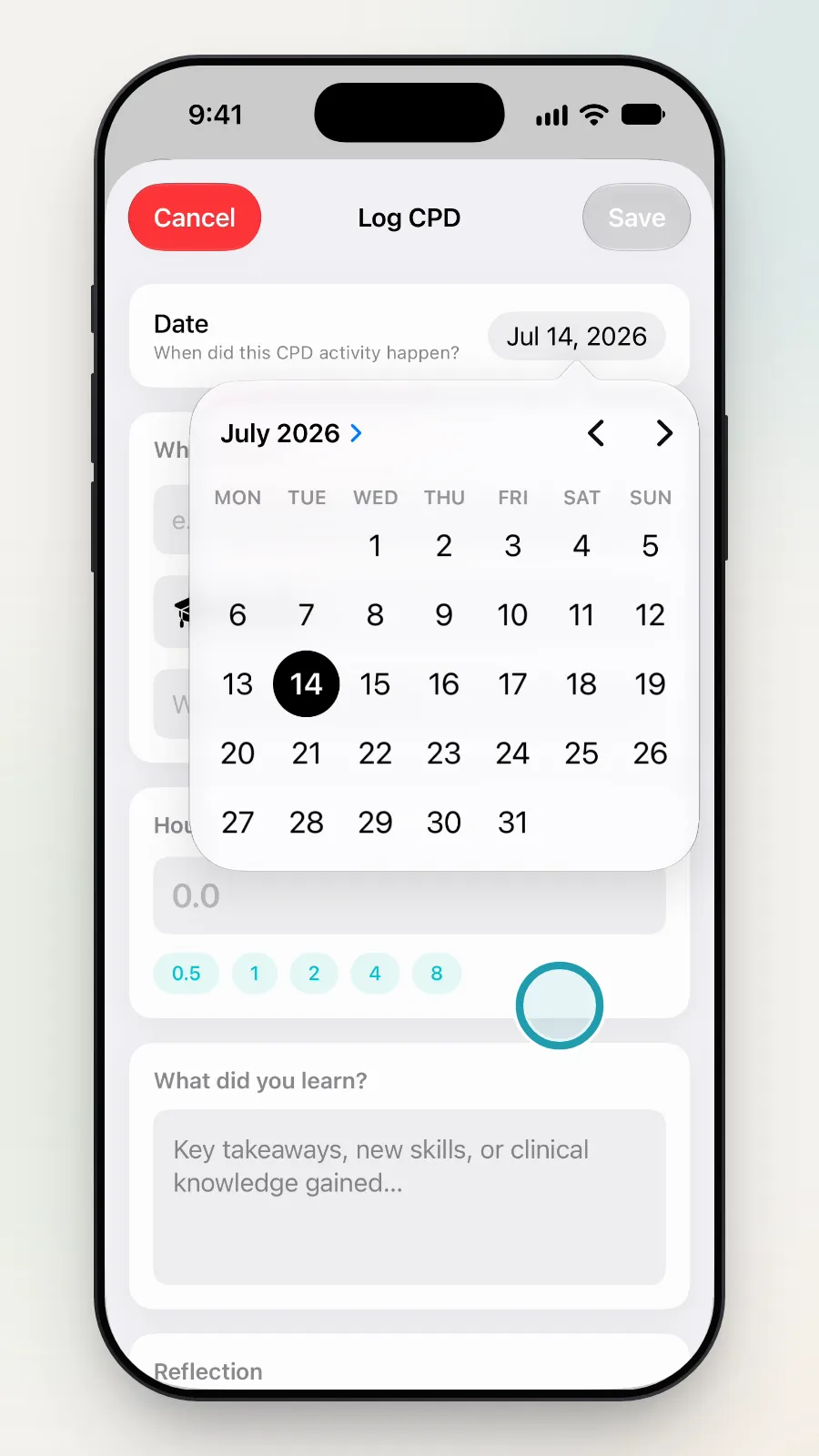 The date now reads Jul 14, 2026, and the calendar is being closed.