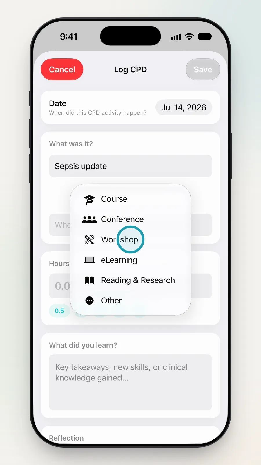 The activity type menu with Workshop being tapped.