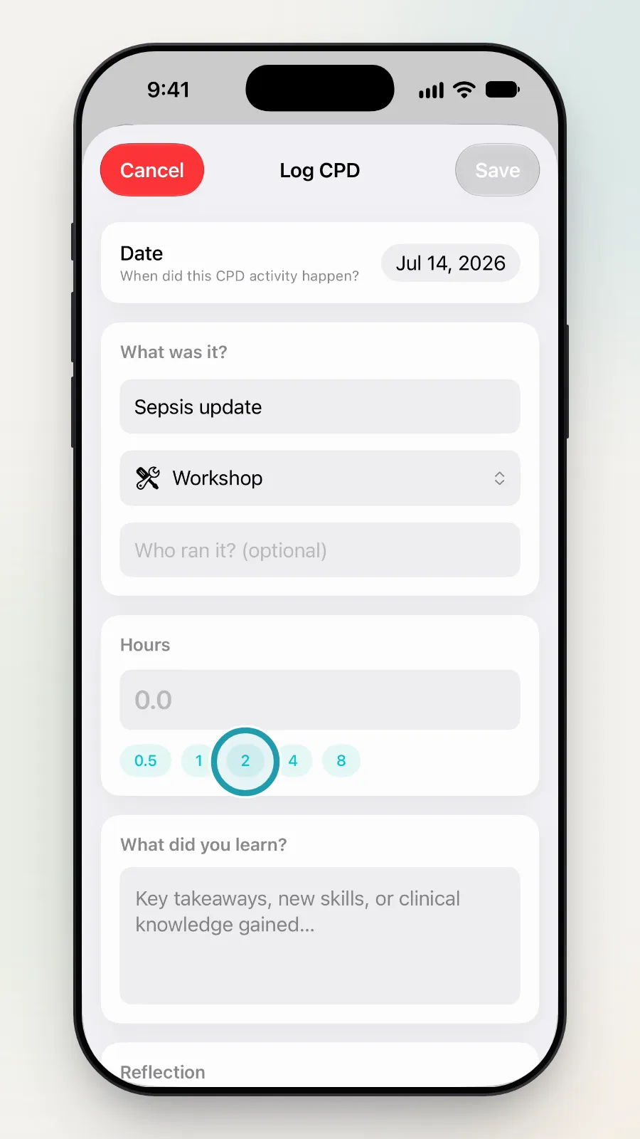 The 2 button under Hours being tapped.