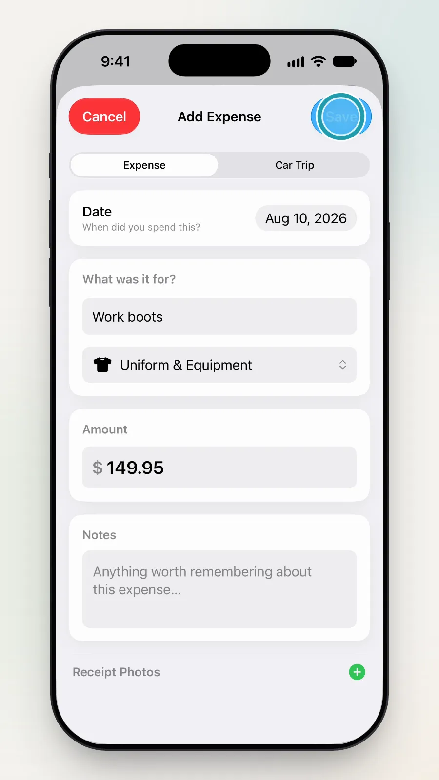 The Save button at the top right being tapped.