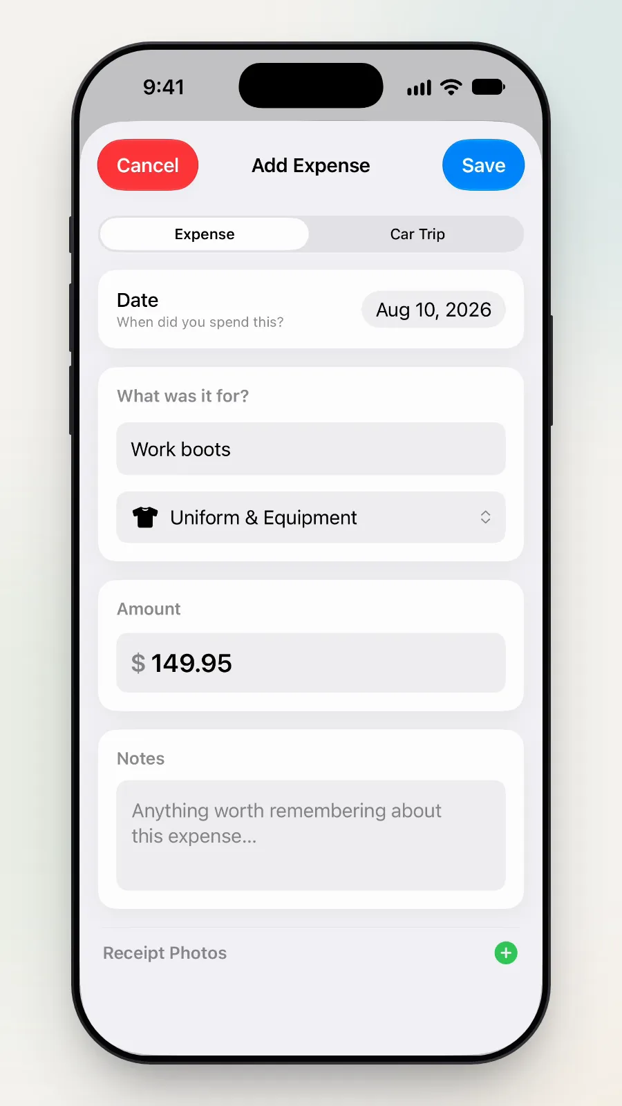 The Cancel button at the top left of Add Expense.