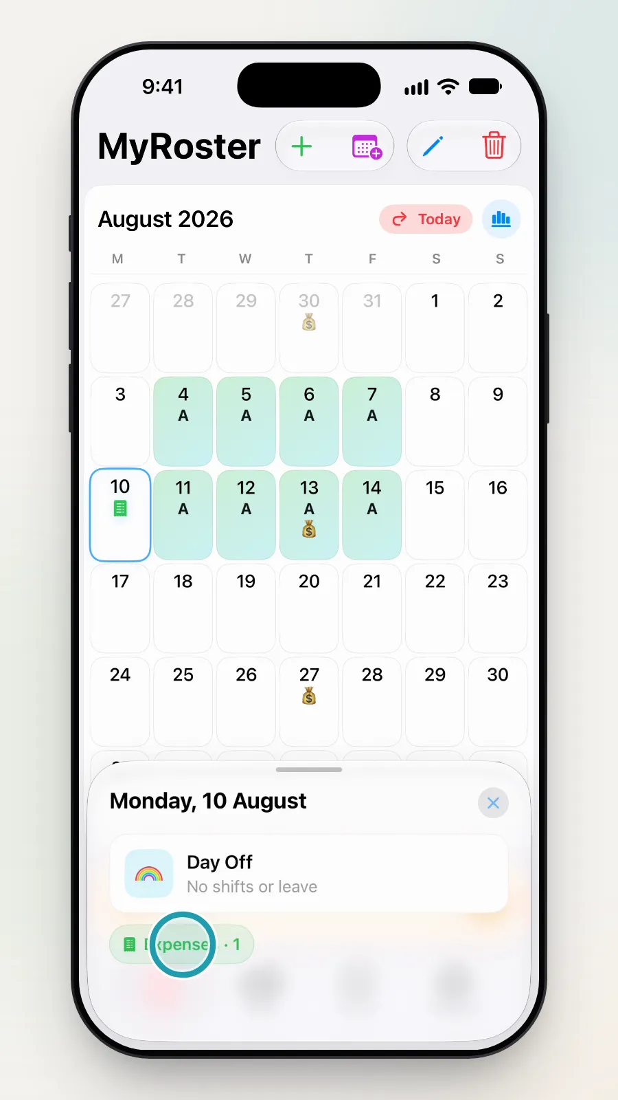 The small box for Monday 10 August with Expenses · 1 being tapped.
