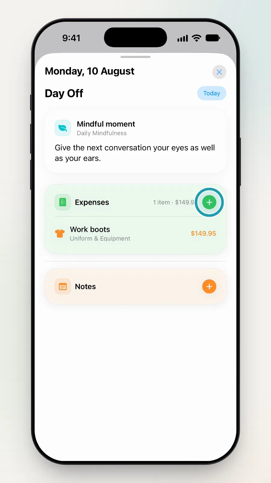 The green plus button on the Expenses card being tapped.