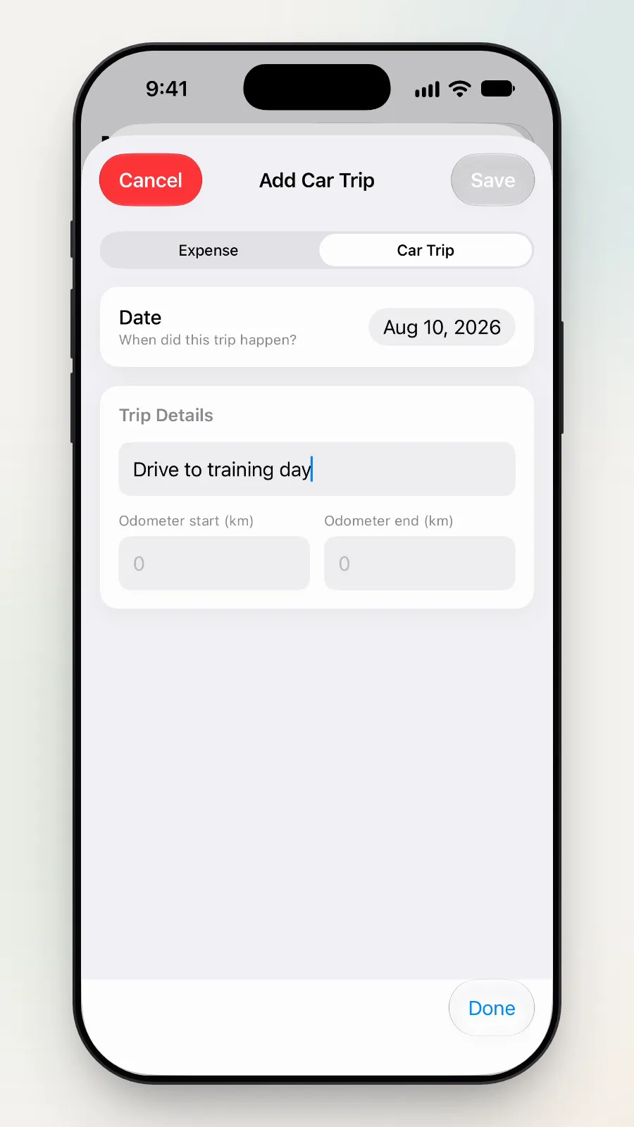 Trip Details typed as Drive to training day.