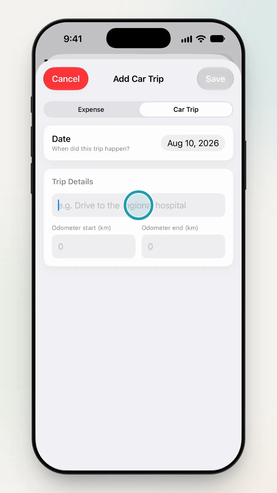 The Add Car Trip screen with the Trip Details box being tapped.