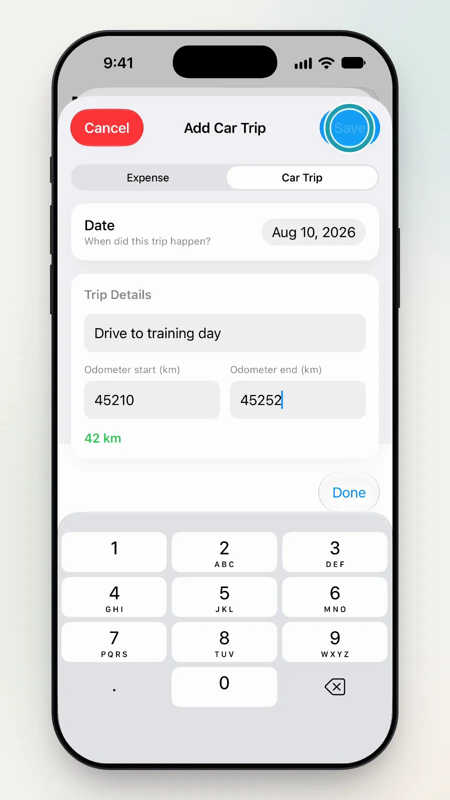 The Save button at the top right of Add Car Trip being tapped.