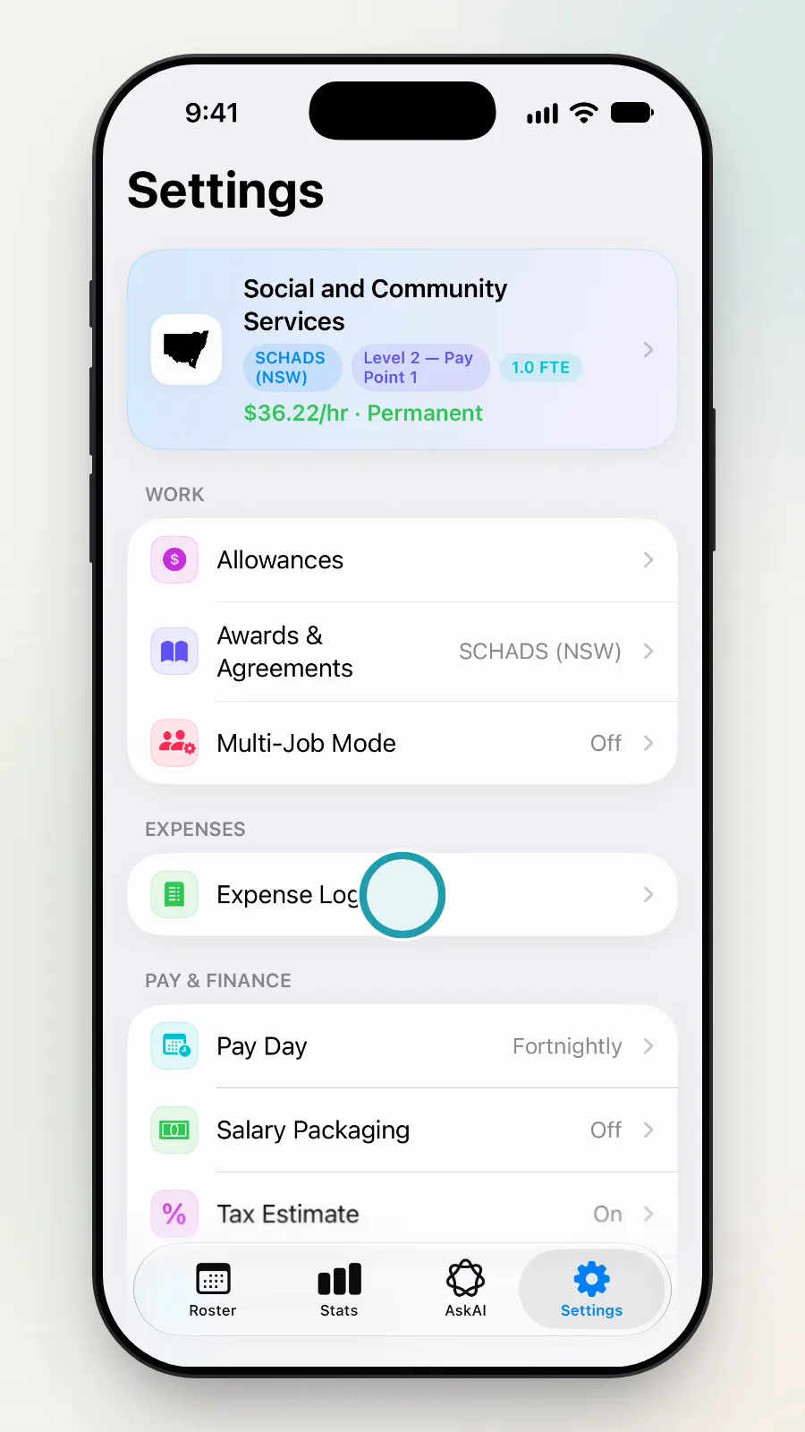 The Settings screen with Expense Log under Expenses being tapped.