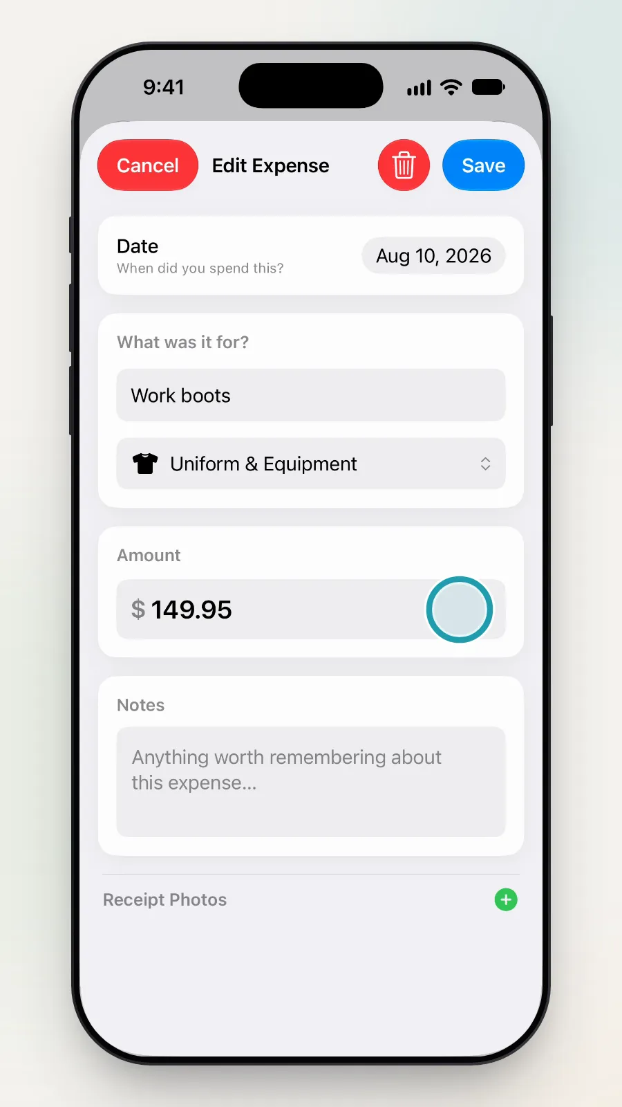 The Edit Expense screen with the amount being tapped.