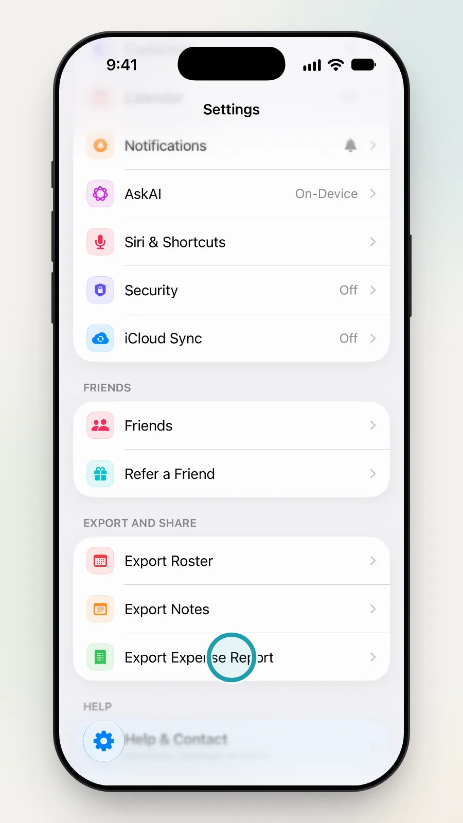 The Export and Share section of Settings with Export Expense Report being tapped.