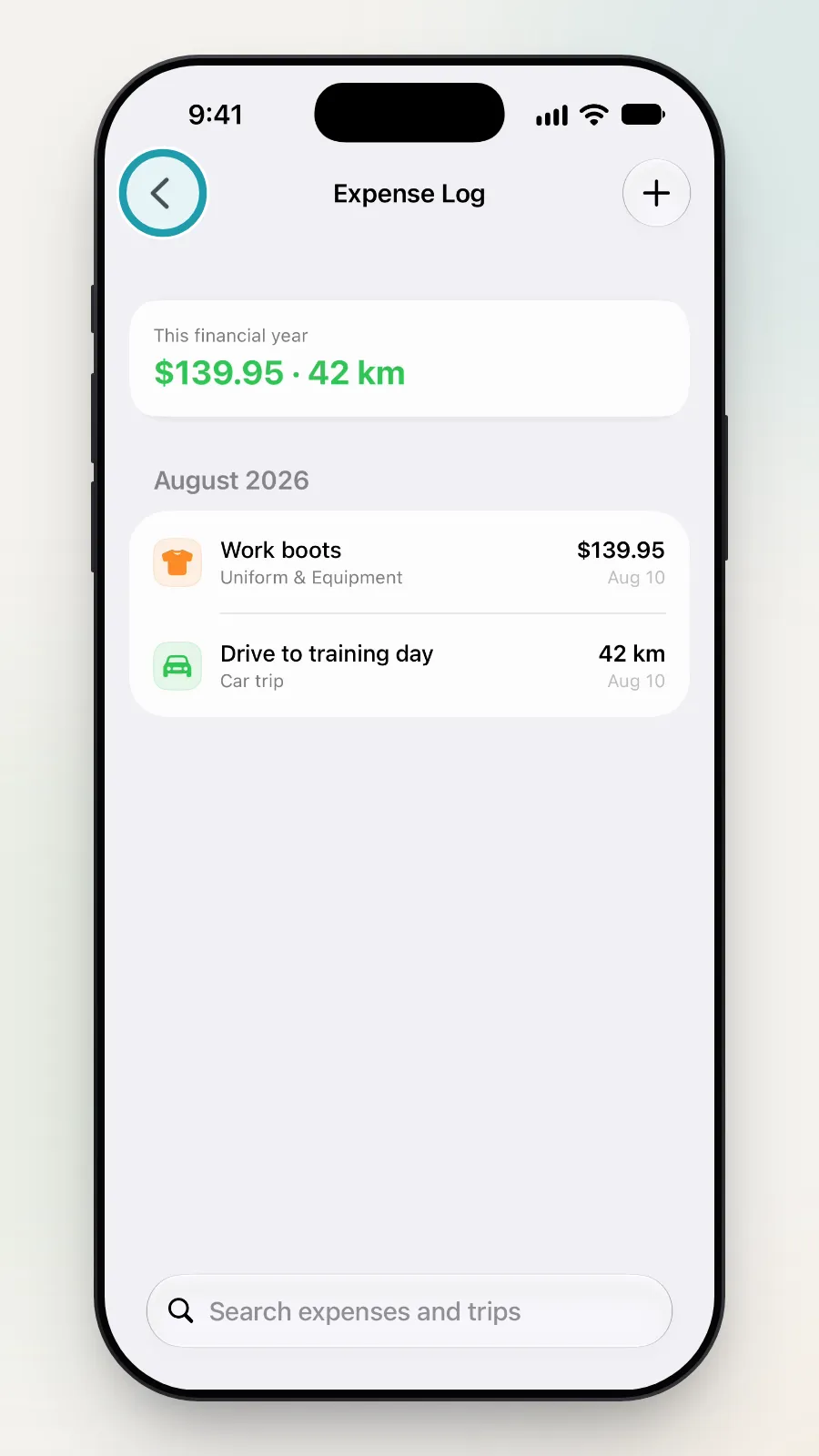 The back button at the top left of the Expense Log being tapped.