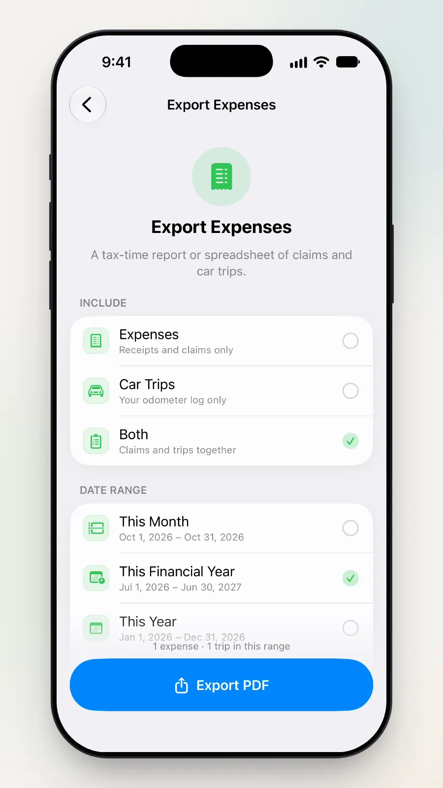 This Financial Year ticked: 1 expense · 1 trip in this range.