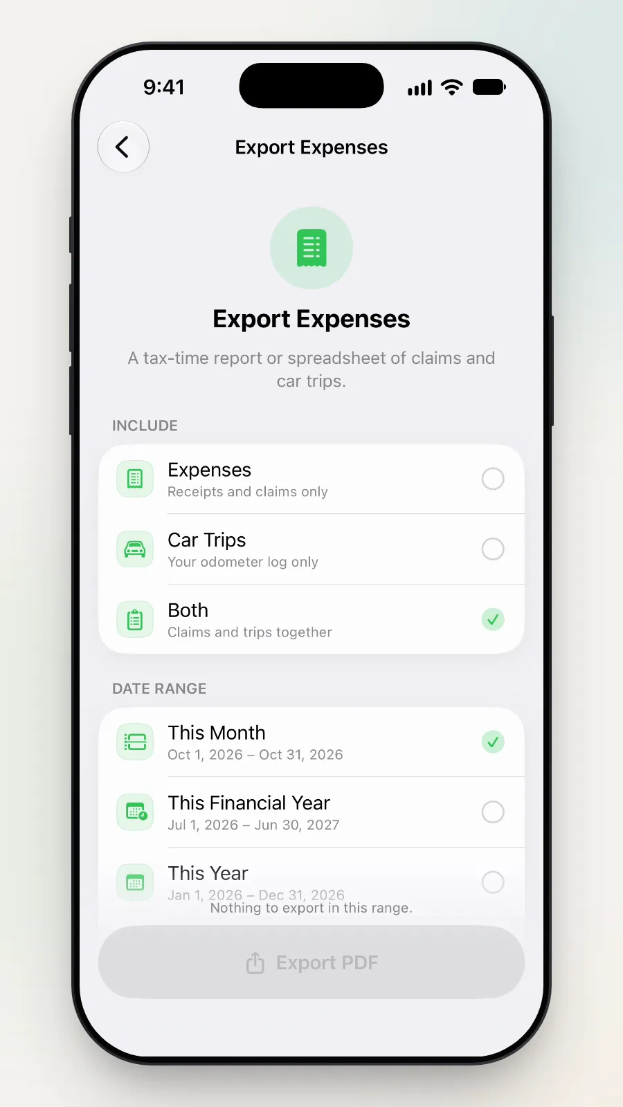 This Month ticked, with Nothing to export in this range and a grey Export PDF button.