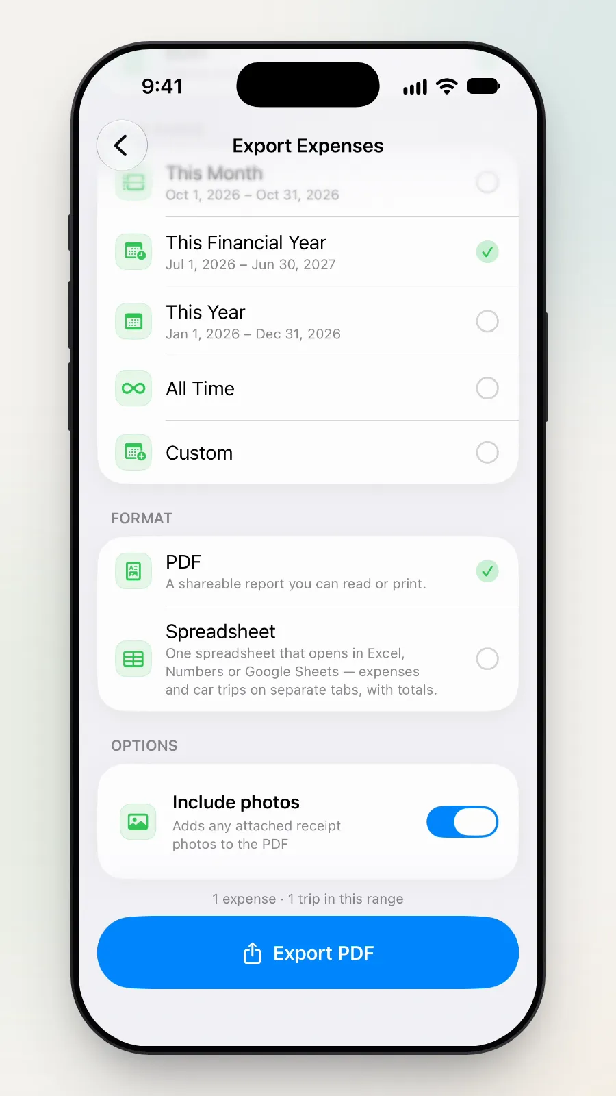 The Format choices with PDF ticked, and Include photos switched on.