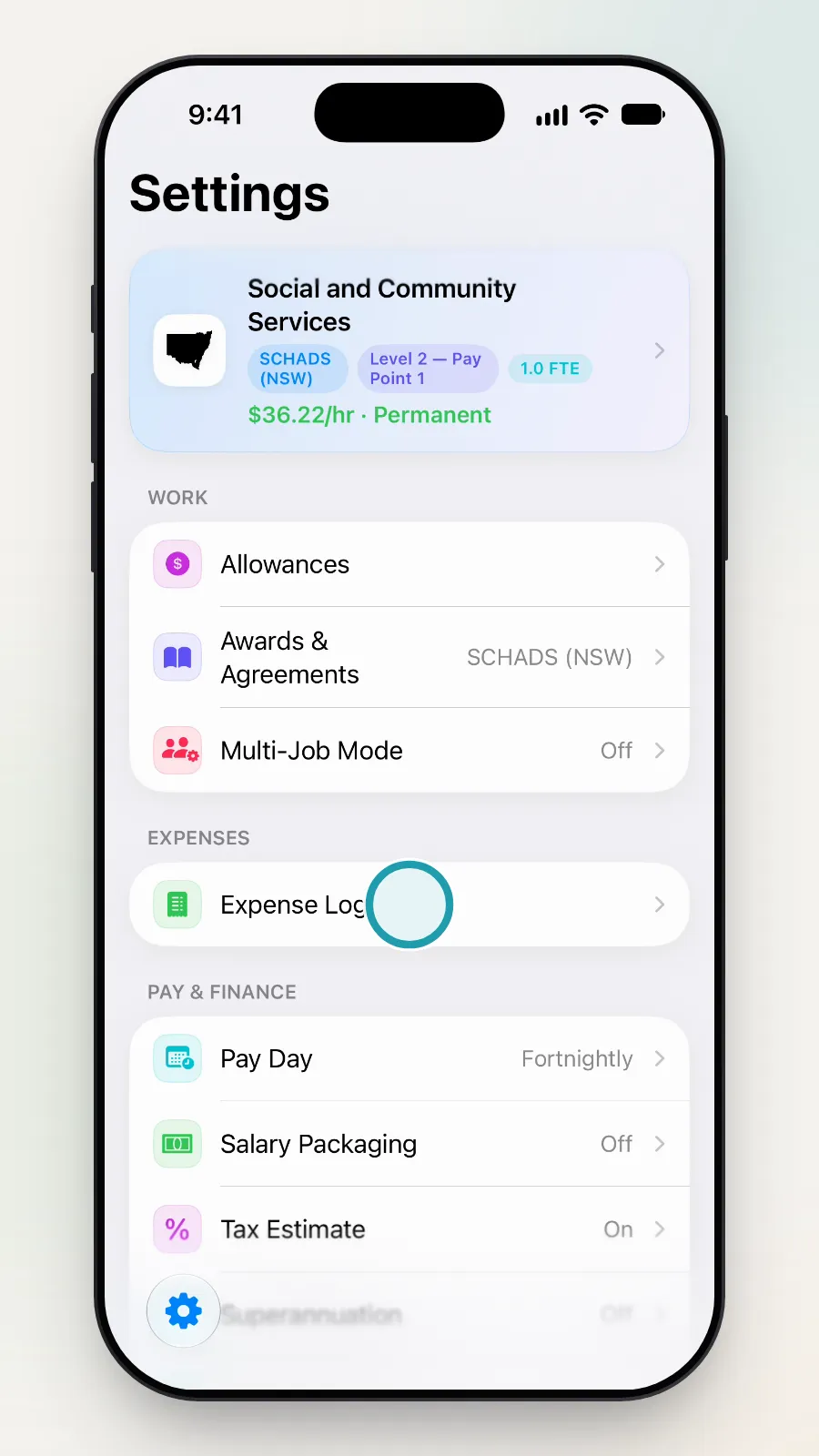 The Settings screen with Expense Log being tapped.