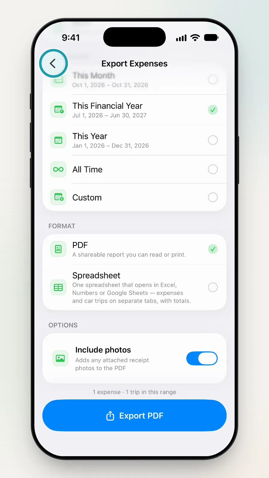 The back button at the top left of Export Expenses being tapped.