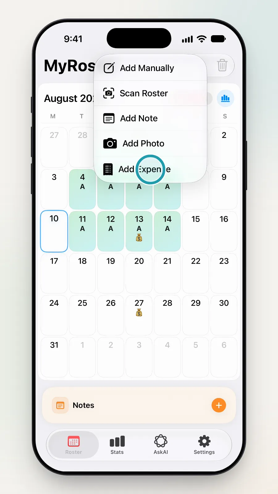 Add Expense being tapped in the add menu.