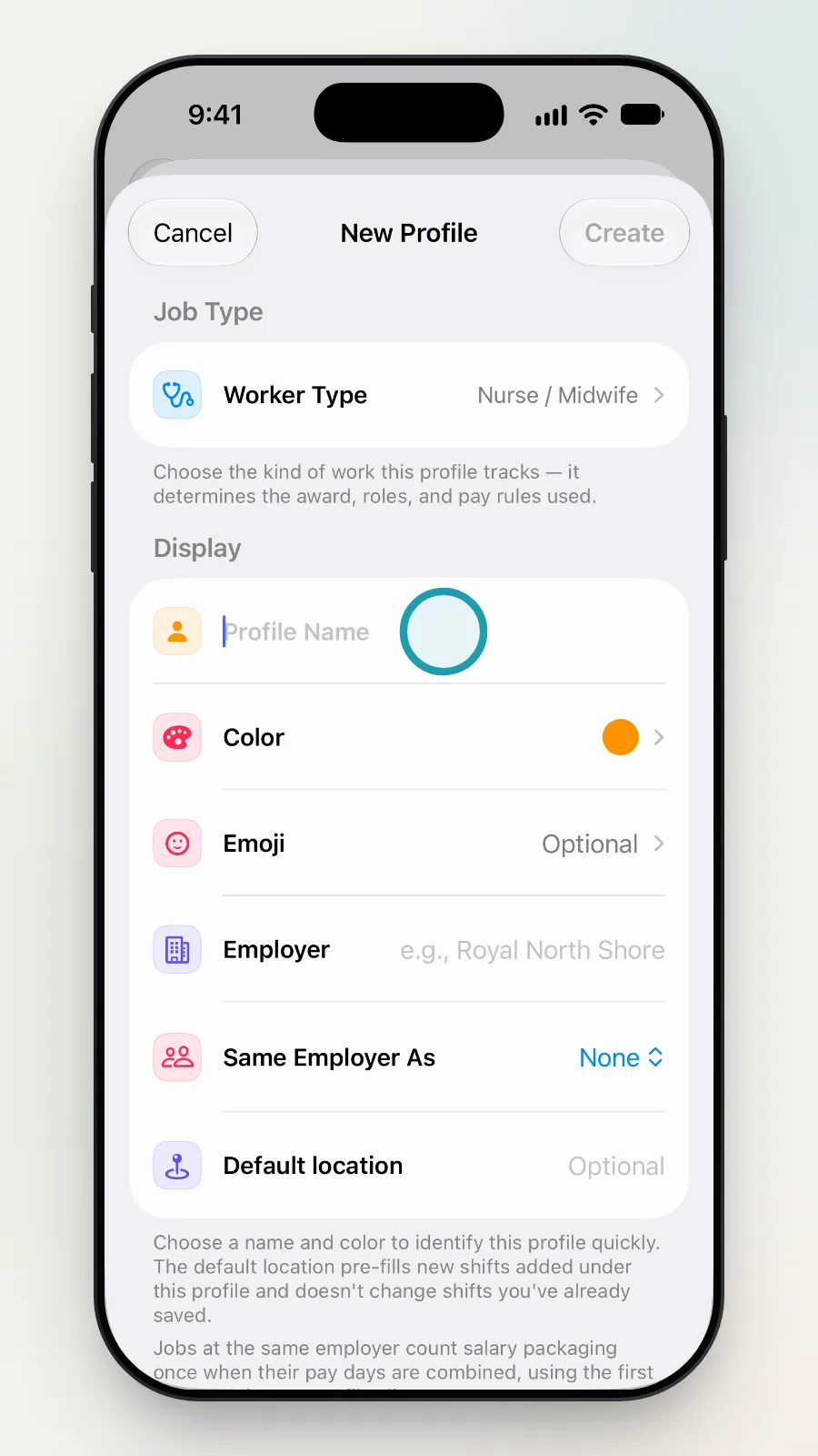 The empty Profile Name field being tapped, with the Color row now orange.