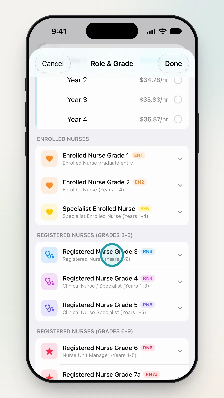 Registered Nurse Grade 3 opened, with Year 5 ticked.