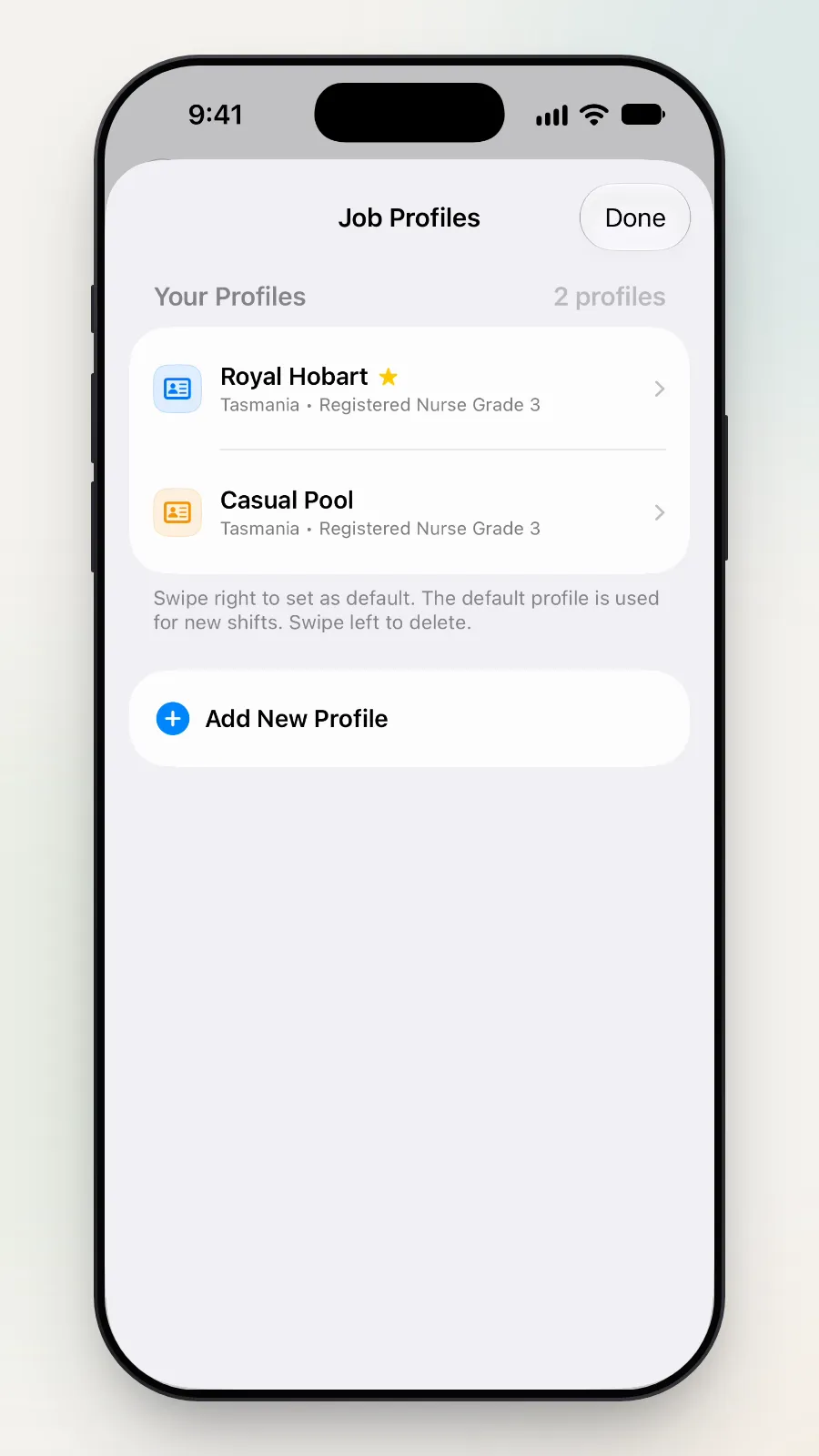 The two jobs, with the note to swipe right to set a default.