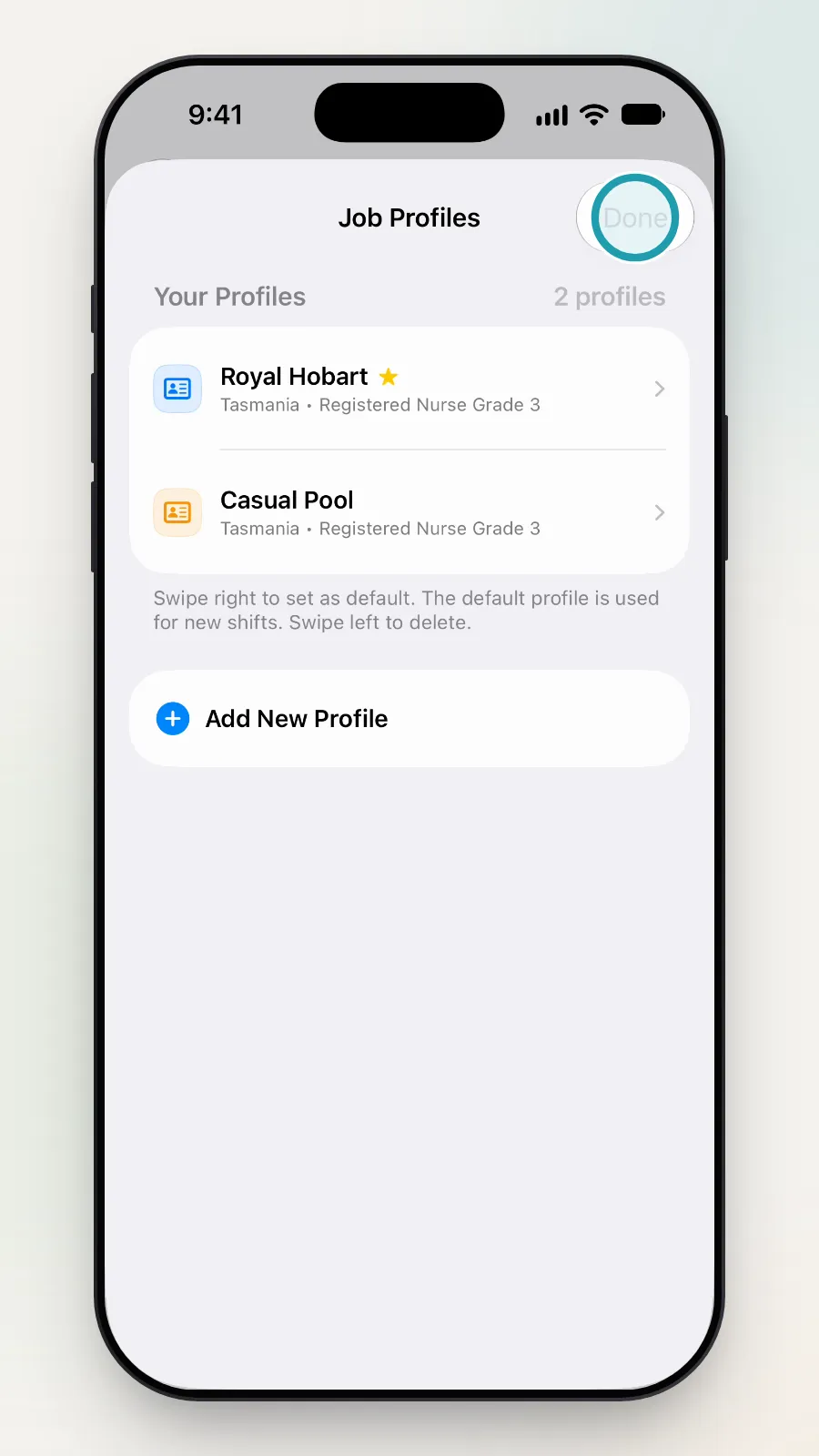 The Done button at the top right of the Job Profiles list being tapped.