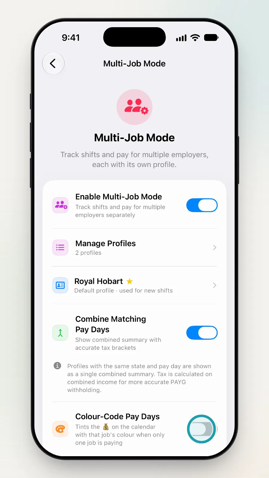 The Colour-Code Pay Days switch being turned on.