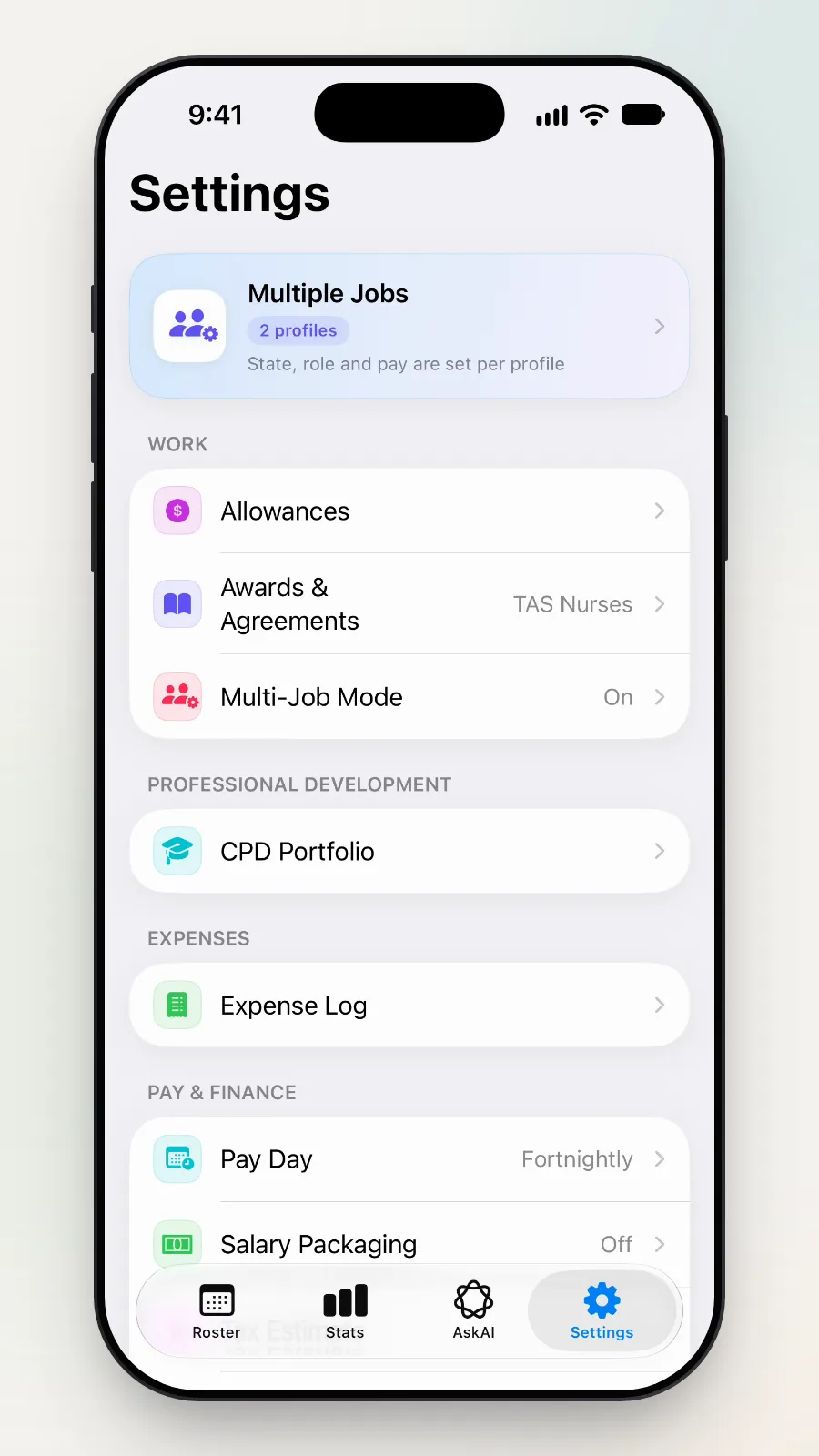 The Settings screen with the Multiple Jobs card and Multi-Job Mode set to On.