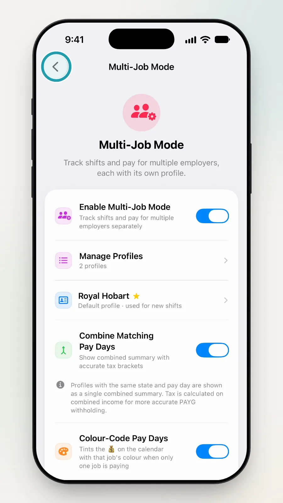 The back button at the top left of the Multi-Job Mode page being tapped.