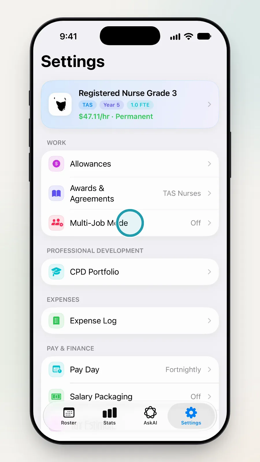 The Settings screen with a Tasmanian nurse job card and the Multi-Job Mode row, set to Off, being tapped.