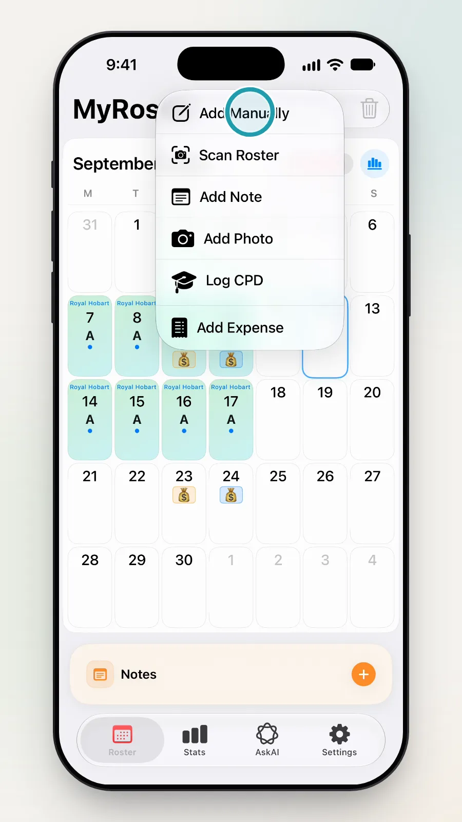 The add menu with Add Manually being tapped.